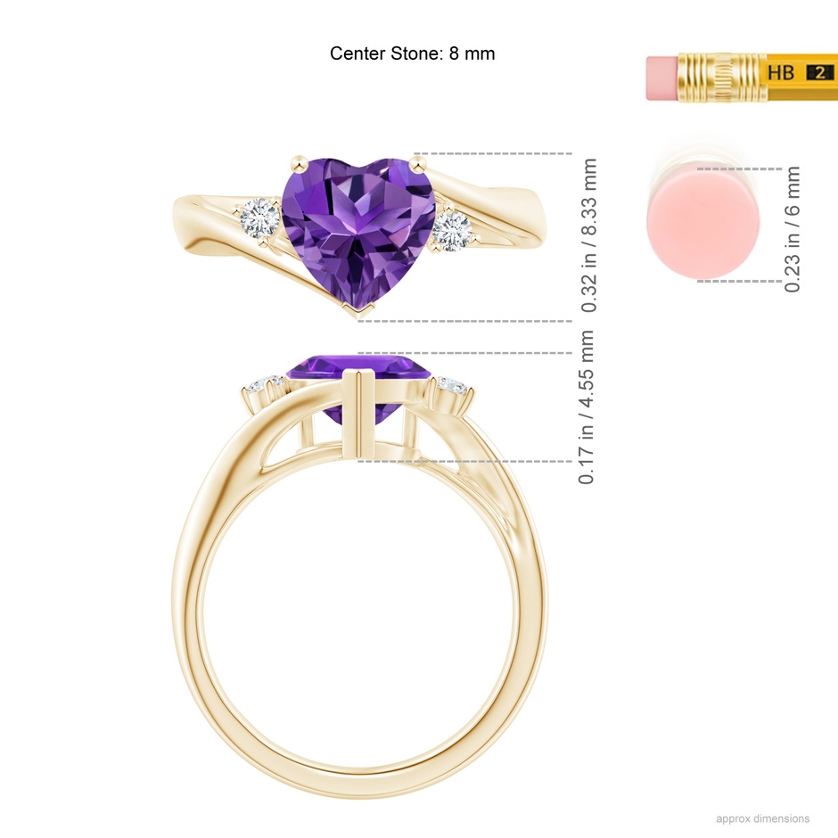8mm AAAA Heart-Shaped Amethyst Bypass Ring with Diamonds in Yellow Gold ruler