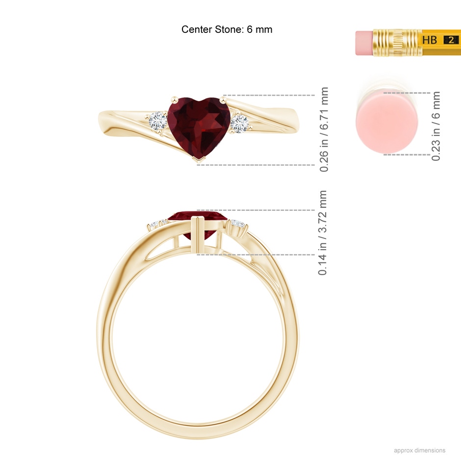 6mm A Heart-Shaped Garnet Bypass Ring with Diamonds in Yellow Gold ruler