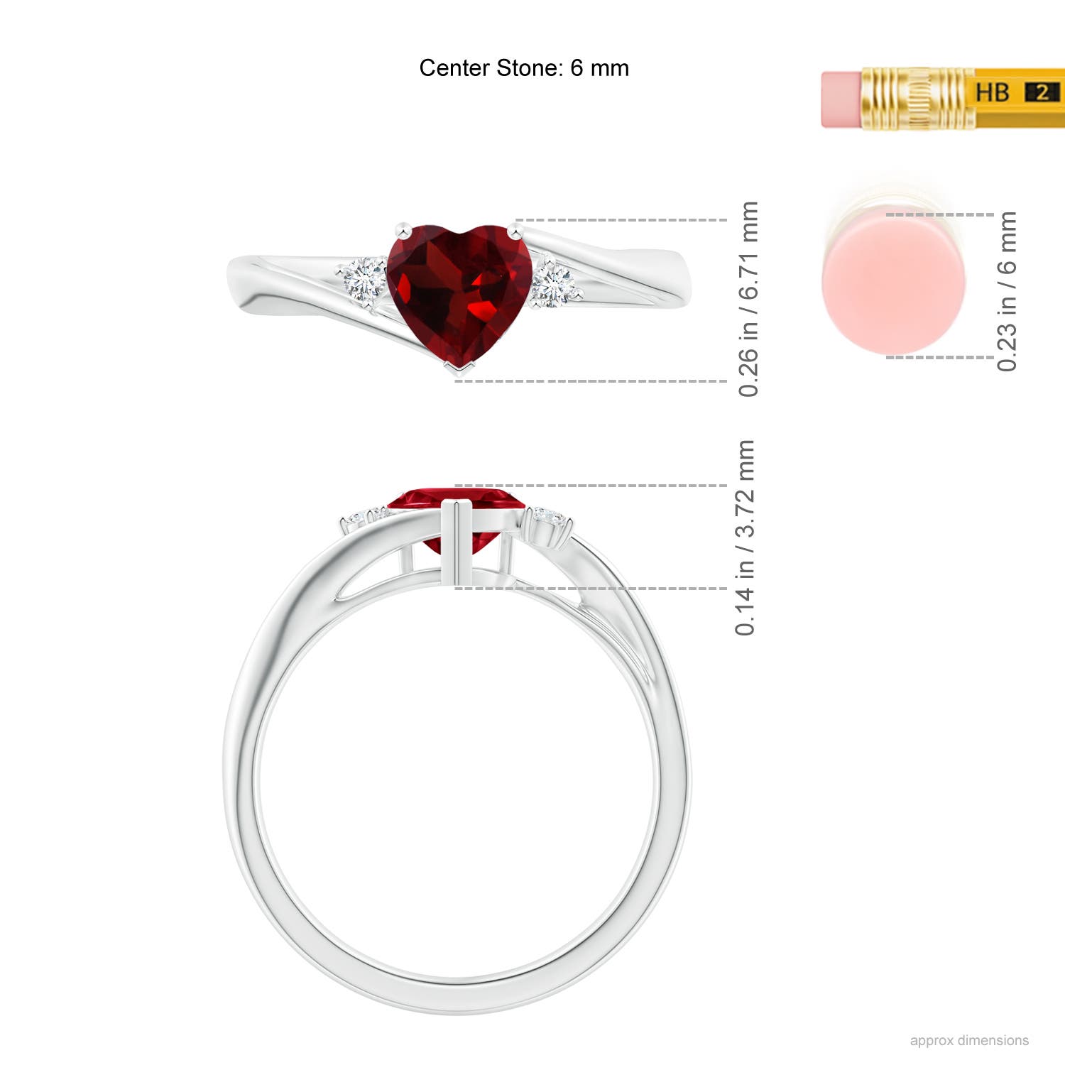 6mm AAA Heart-Shaped Garnet Bypass Ring with Diamonds in White Gold - ruler