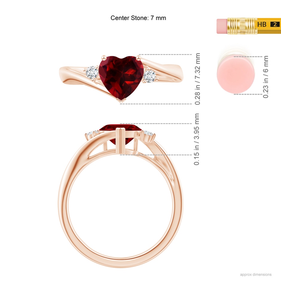 7mm AAAA Heart-Shaped Garnet Bypass Ring with Diamonds in Rose Gold ruler