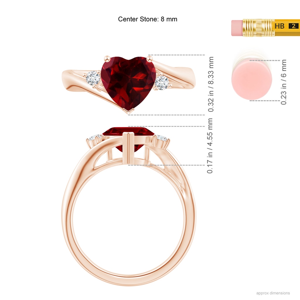 8mm AAAA Heart-Shaped Garnet Bypass Ring with Diamonds in Rose Gold Ruler