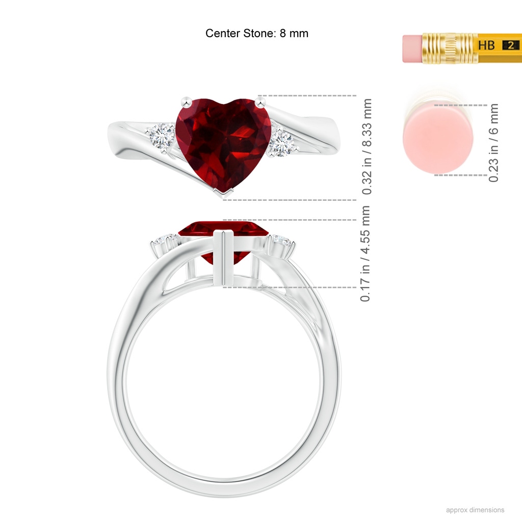 8mm AAAA Heart-Shaped Garnet Bypass Ring with Diamonds in White Gold Ruler