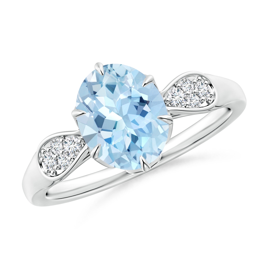 9x7mm AAA Oval Aquamarine Floral Engagement Ring with Diamonds in White Gold