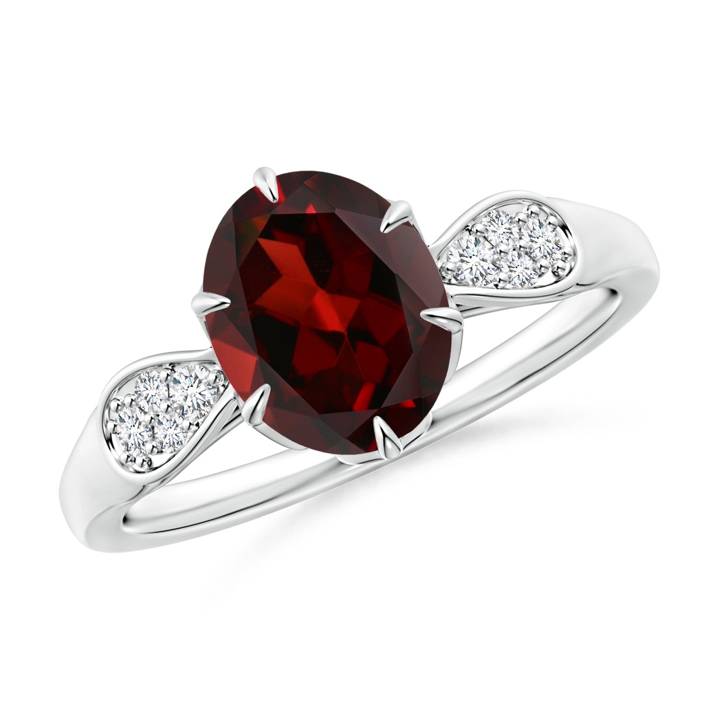 9x7mm AAA Oval Garnet Floral Engagement Ring with Diamonds in White Gold