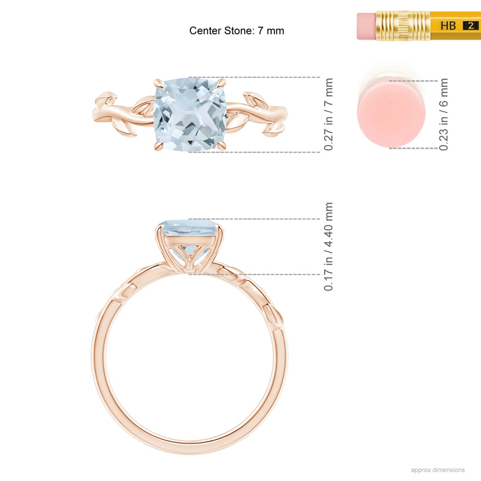 7mm A Nature Inspired Cushion Aquamarine Ring in Rose Gold ruler
