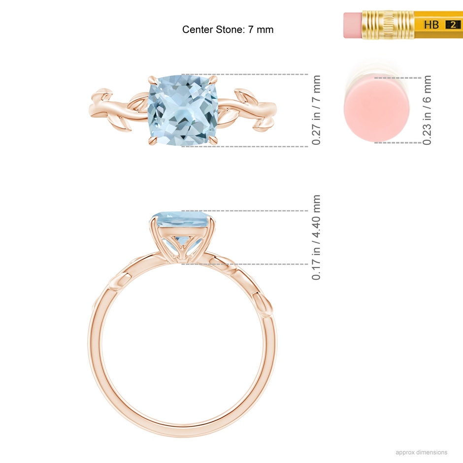7mm AA Nature Inspired Cushion Aquamarine Ring in Rose Gold ruler