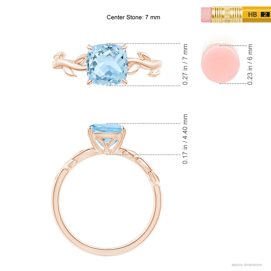 7mm AAA Nature Inspired Cushion Aquamarine Ring in Rose Gold ruler