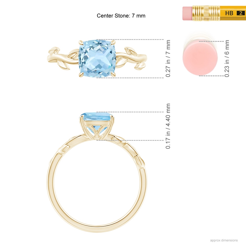 7mm AAA Nature Inspired Cushion Aquamarine Ring in Yellow Gold ruler