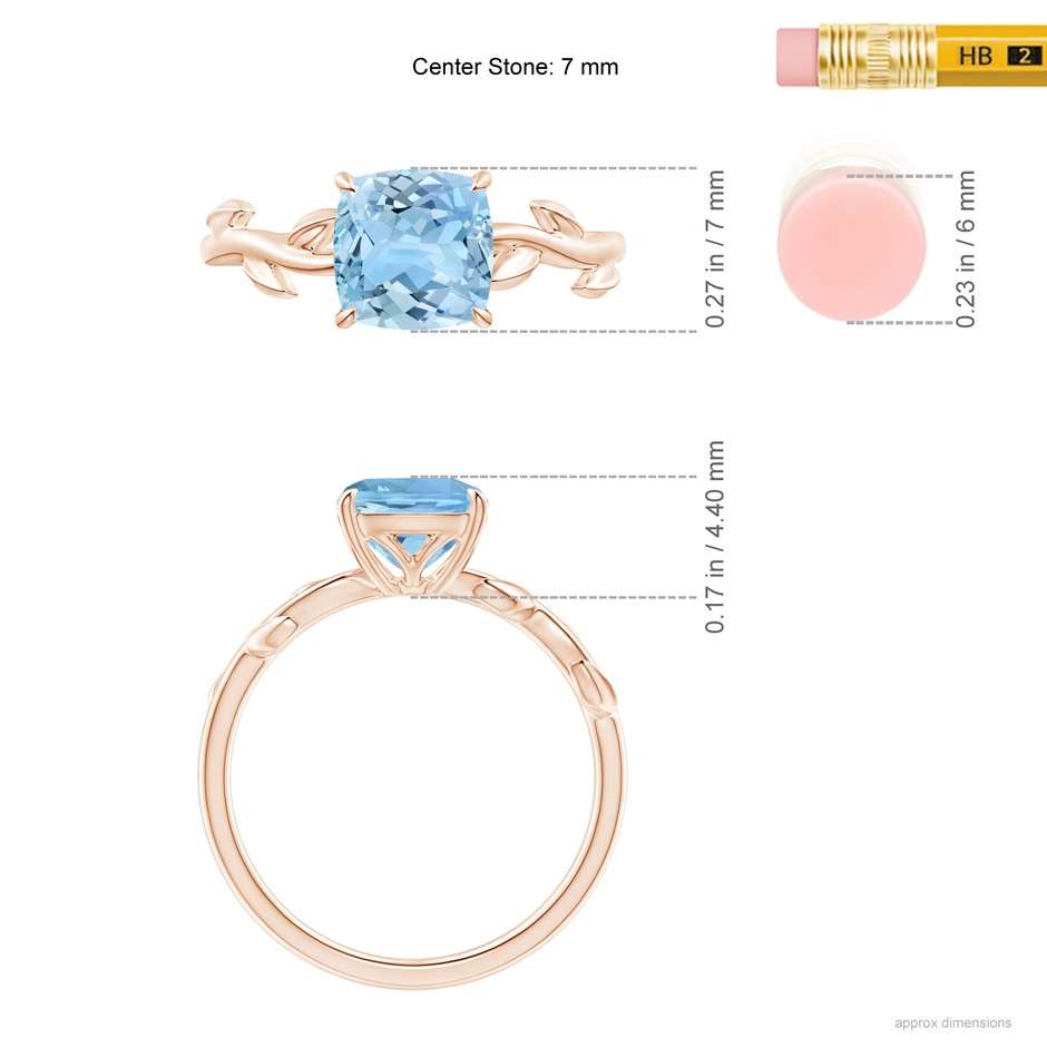 7mm AAAA Nature Inspired Cushion Aquamarine Ring in Rose Gold ruler