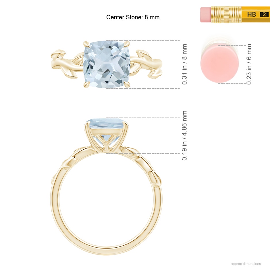 8mm A Nature Inspired Cushion Aquamarine Ring in Yellow Gold ruler