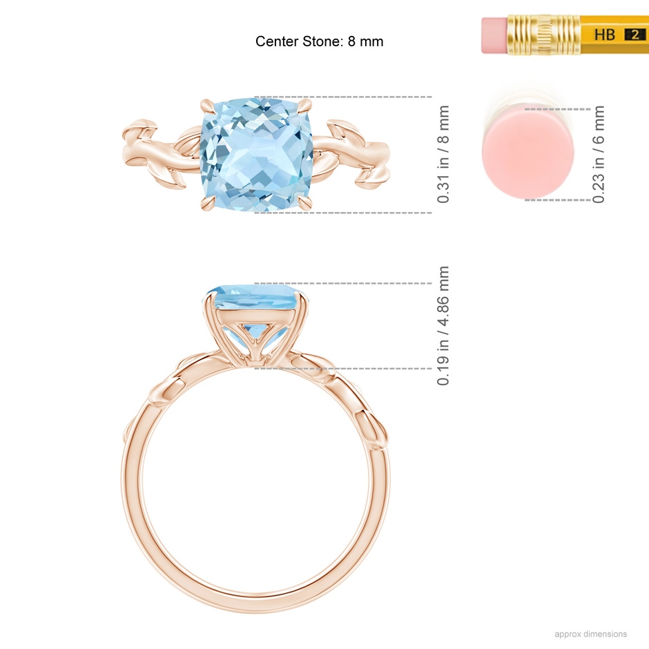 8mm AAA Nature Inspired Cushion Aquamarine Ring in Rose Gold ruler