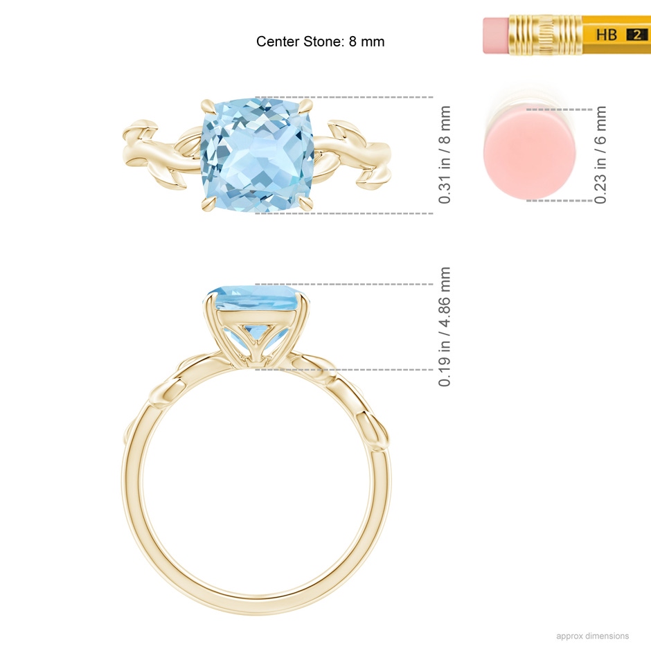 8mm AAA Nature Inspired Cushion Aquamarine Ring in Yellow Gold ruler