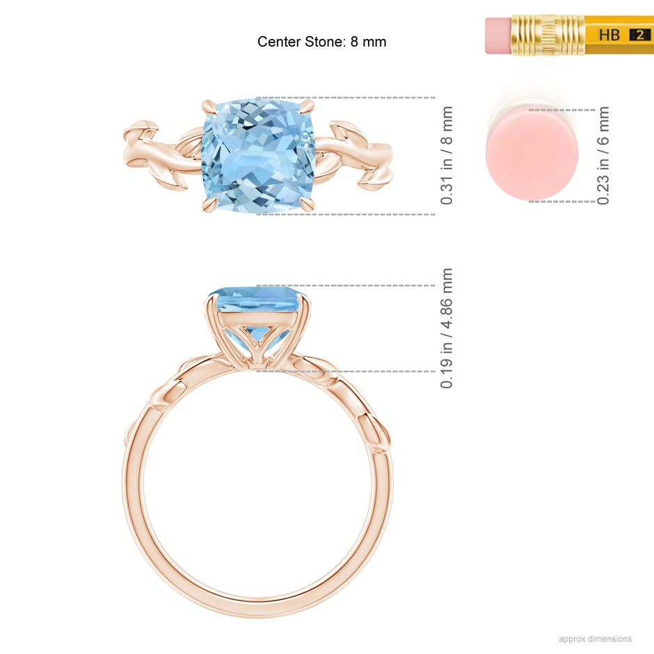 8mm AAAA Nature Inspired Cushion Aquamarine Ring in Rose Gold ruler
