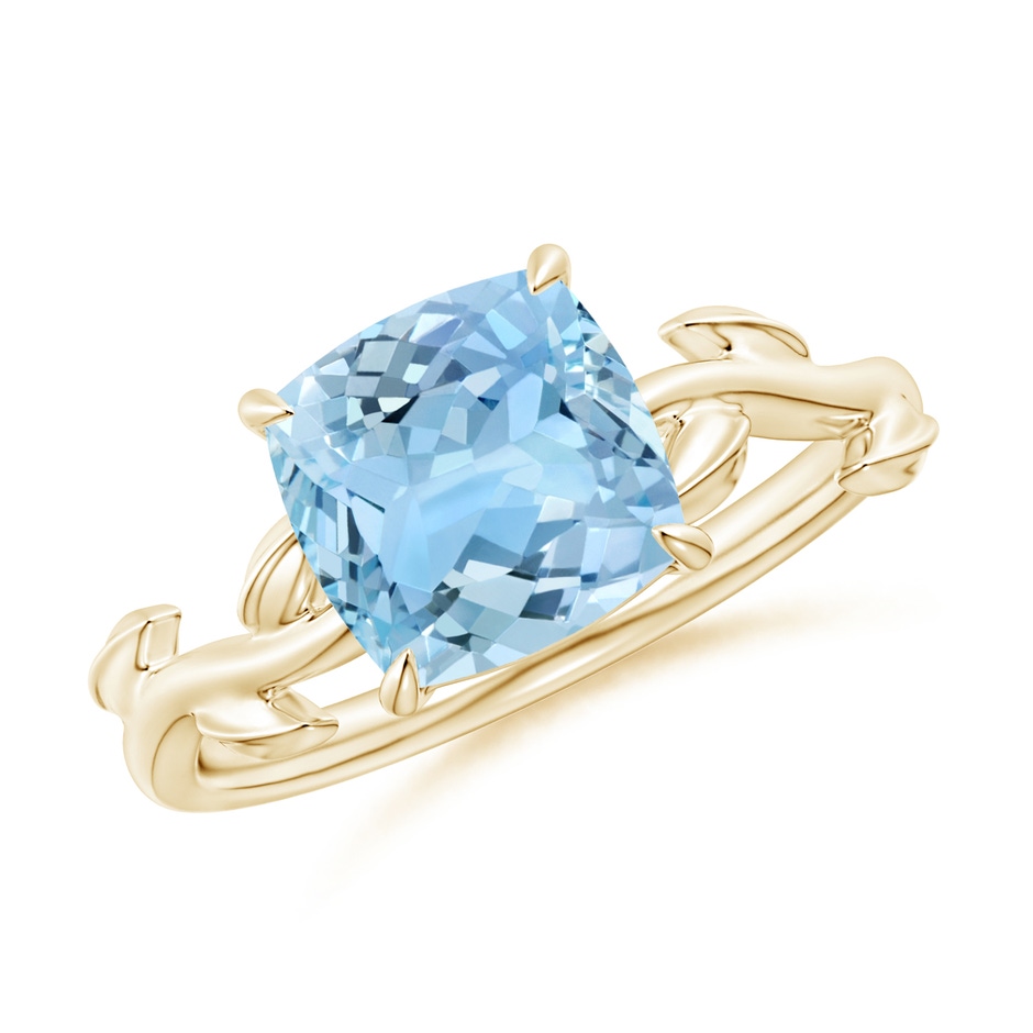 8mm AAAA Nature Inspired Cushion Aquamarine Ring in Yellow Gold 