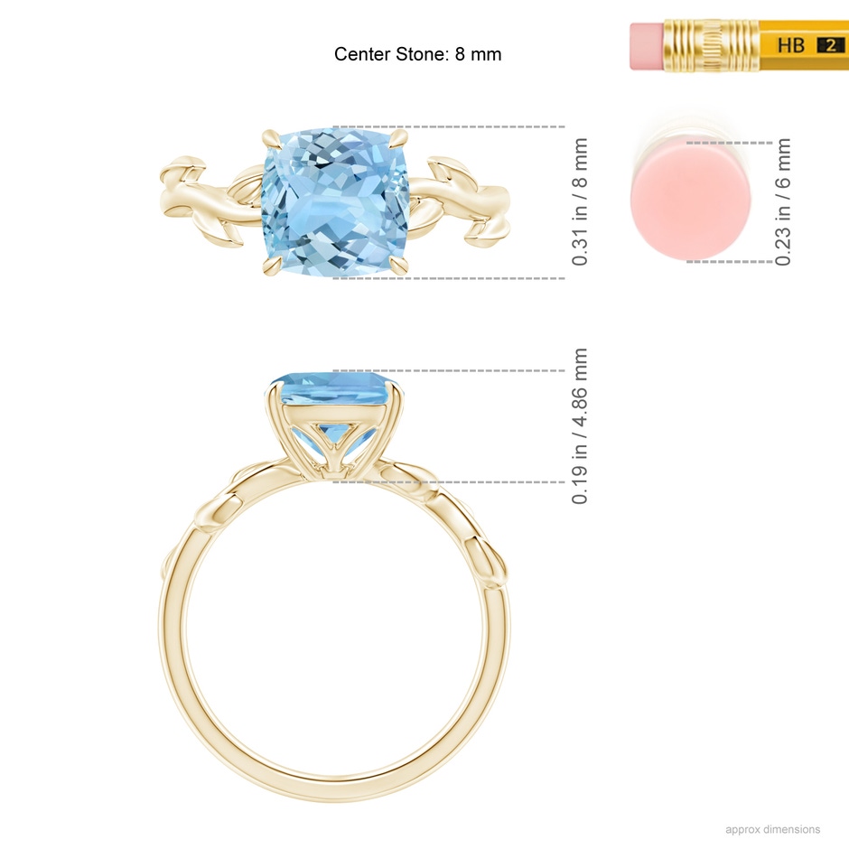8mm AAAA Nature Inspired Cushion Aquamarine Ring in Yellow Gold ruler