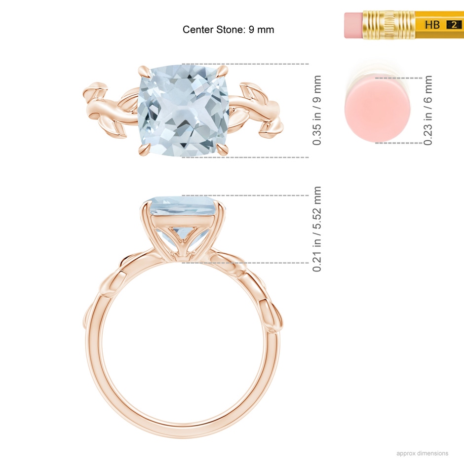 9mm A Nature Inspired Cushion Aquamarine Ring in Rose Gold ruler