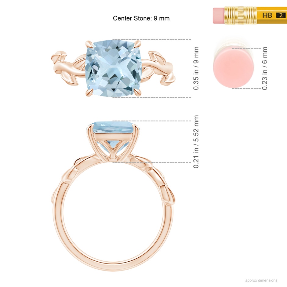 9mm AA Nature Inspired Cushion Aquamarine Ring in Rose Gold ruler