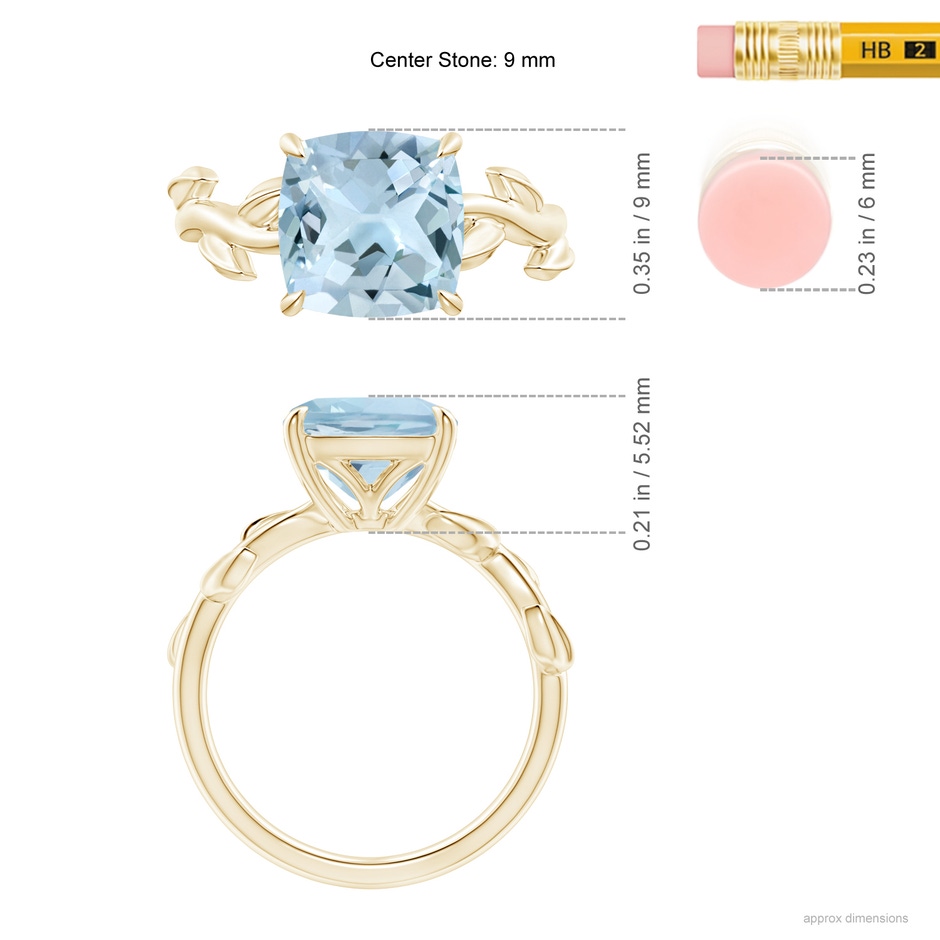9mm AA Nature Inspired Cushion Aquamarine Ring in Yellow Gold ruler