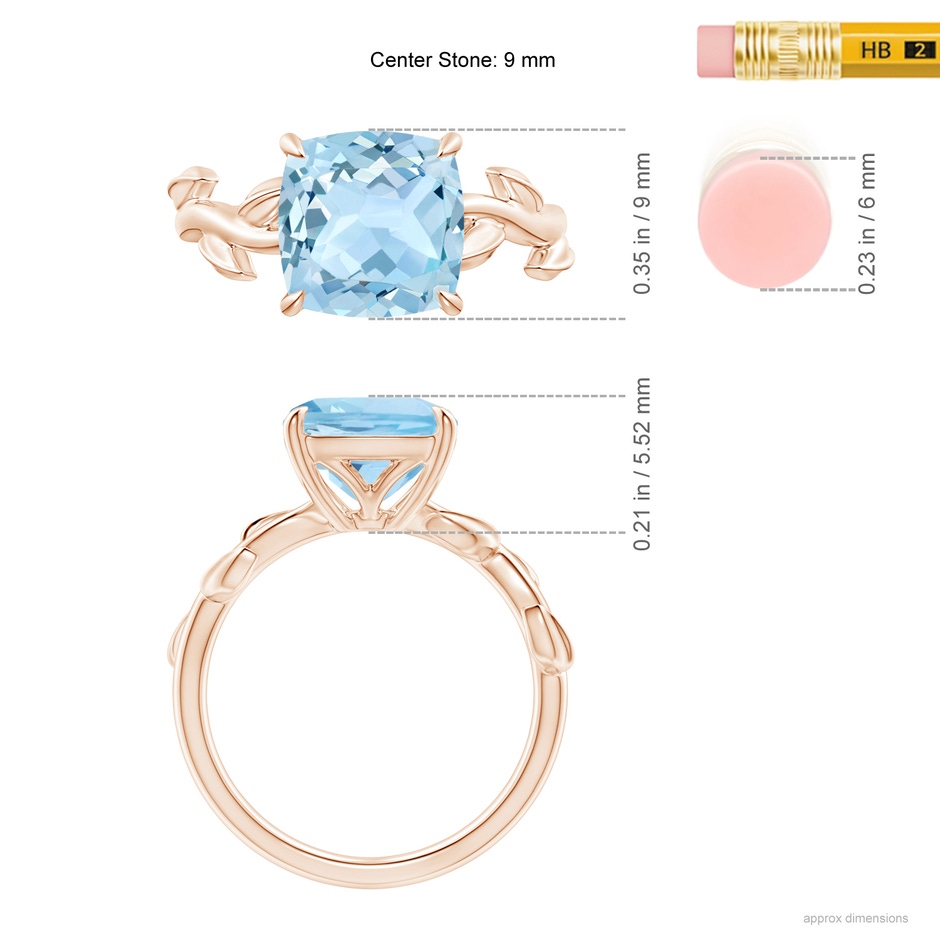 9mm AAA Nature Inspired Cushion Aquamarine Ring in Rose Gold ruler