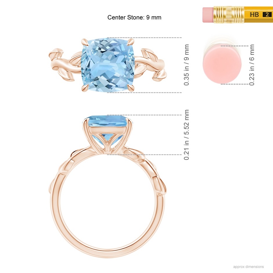 9mm AAAA Nature Inspired Cushion Aquamarine Ring in Rose Gold ruler