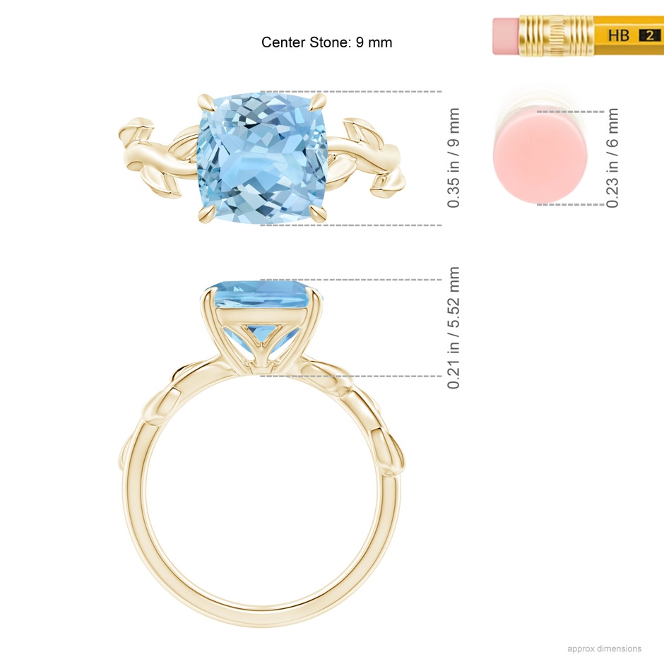 9mm AAAA Nature Inspired Cushion Aquamarine Ring in Yellow Gold ruler