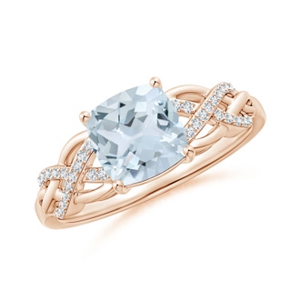 7mm A Criss Cross Shank Cushion Aquamarine Engagement Ring in 9K Rose Gold