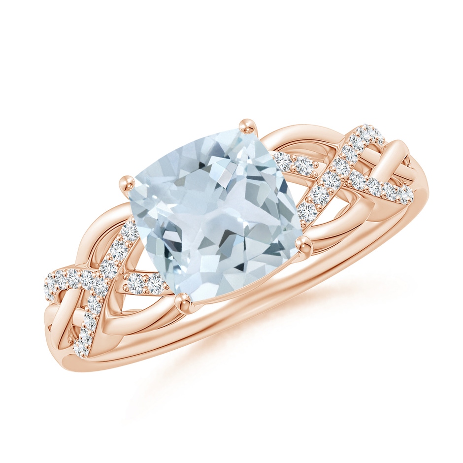 7mm A Criss Cross Shank Cushion Aquamarine Engagement Ring in Rose Gold 