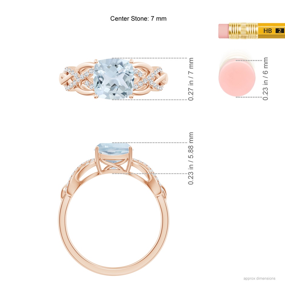 7mm A Criss Cross Shank Cushion Aquamarine Engagement Ring in Rose Gold ruler
