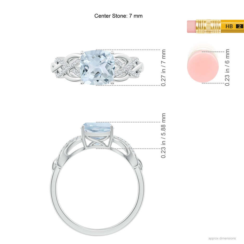 7mm A Criss Cross Shank Cushion Aquamarine Engagement Ring in White Gold ruler