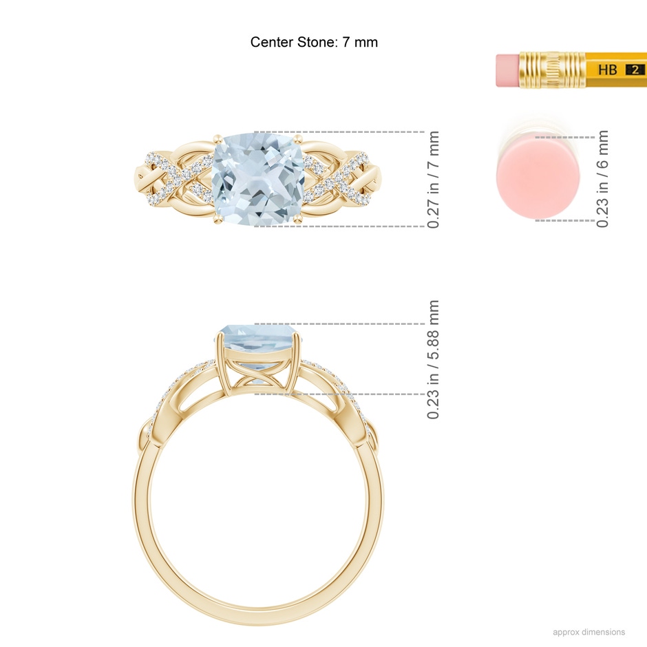 7mm A Criss Cross Shank Cushion Aquamarine Engagement Ring in Yellow Gold ruler
