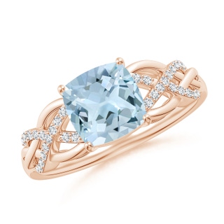 7mm AA Criss Cross Shank Cushion Aquamarine Engagement Ring in 10K Rose Gold