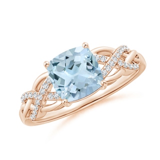 7mm AA Criss Cross Shank Cushion Aquamarine Engagement Ring in 9K Rose Gold