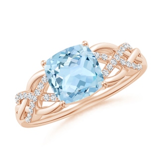 7mm AAA Criss Cross Shank Cushion Aquamarine Engagement Ring in 10K Rose Gold