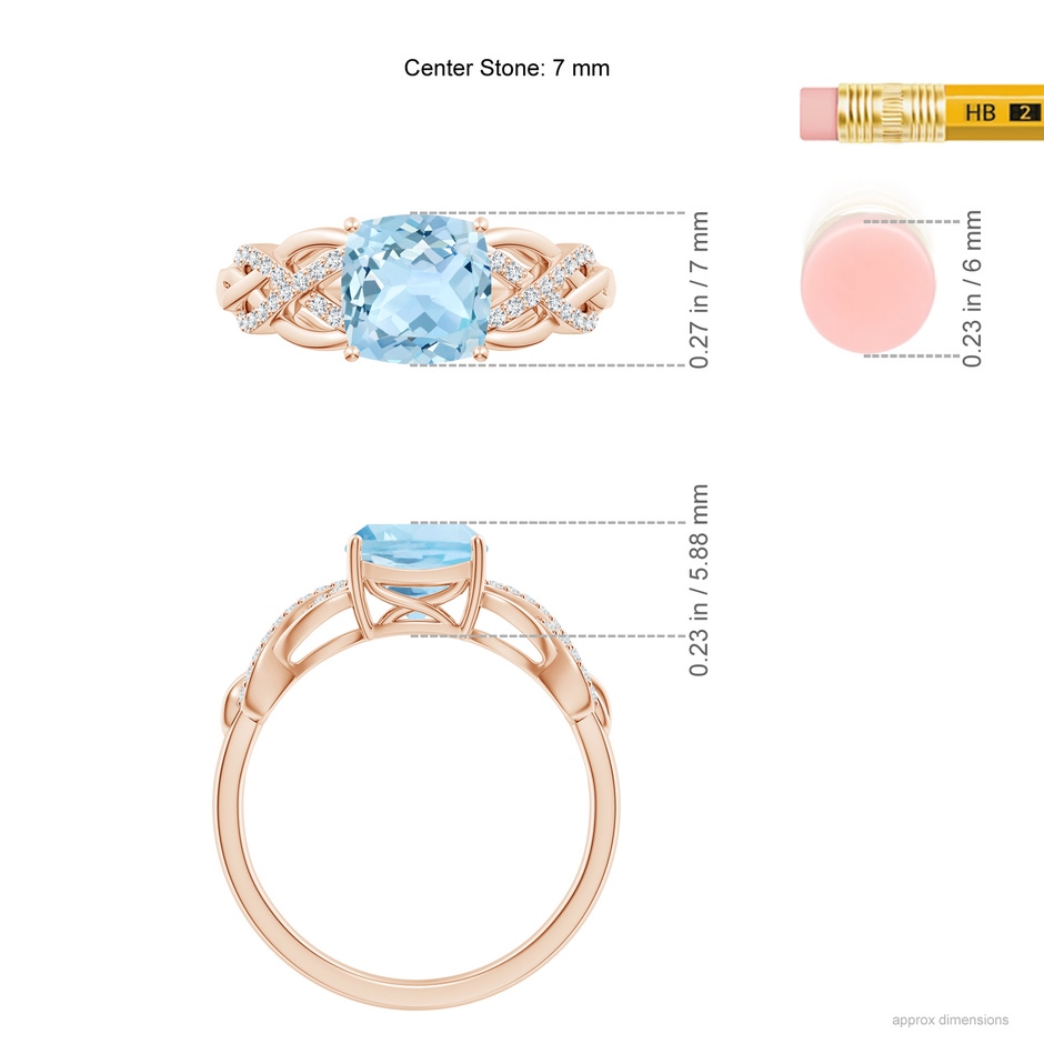 7mm AAA Criss Cross Shank Cushion Aquamarine Engagement Ring in Rose Gold ruler