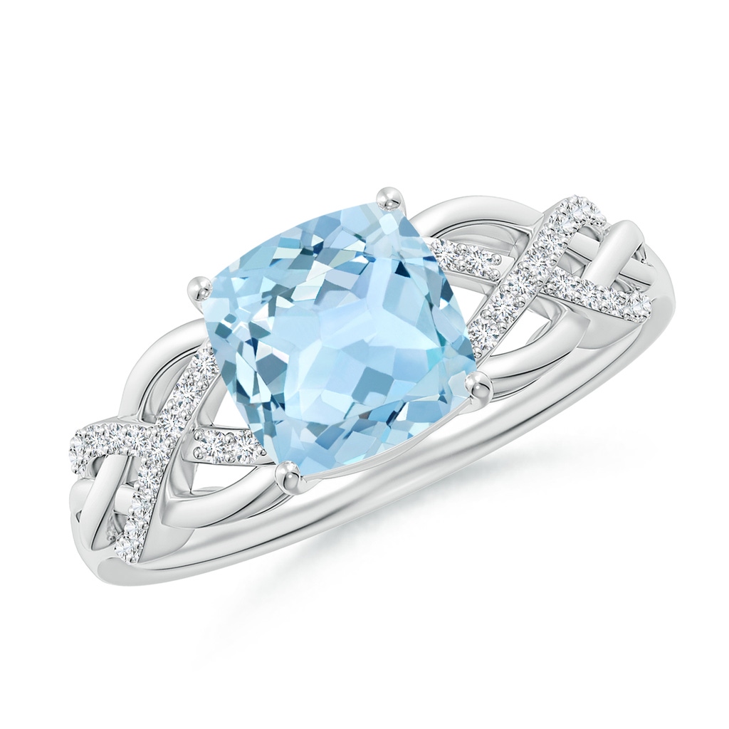 7mm AAA Criss Cross Shank Cushion Aquamarine Engagement Ring in White Gold