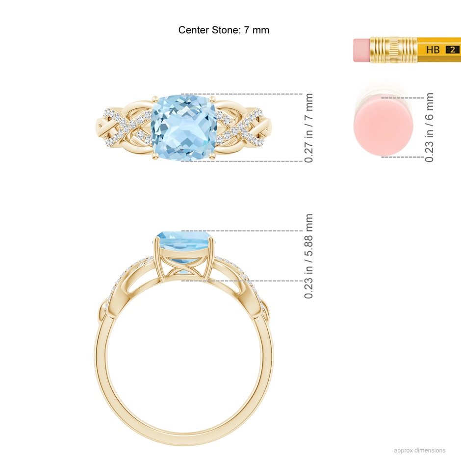 7mm AAA Criss Cross Shank Cushion Aquamarine Engagement Ring in Yellow Gold ruler