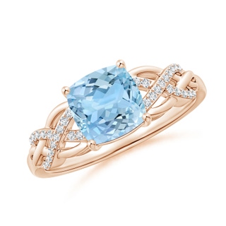 7mm AAAA Criss Cross Shank Cushion Aquamarine Engagement Ring in 9K Rose Gold