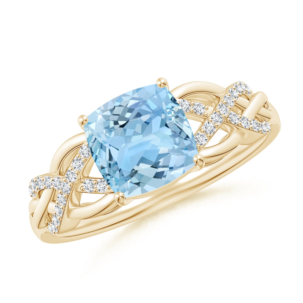 7mm AAAA Criss Cross Shank Cushion Aquamarine Engagement Ring in Yellow Gold