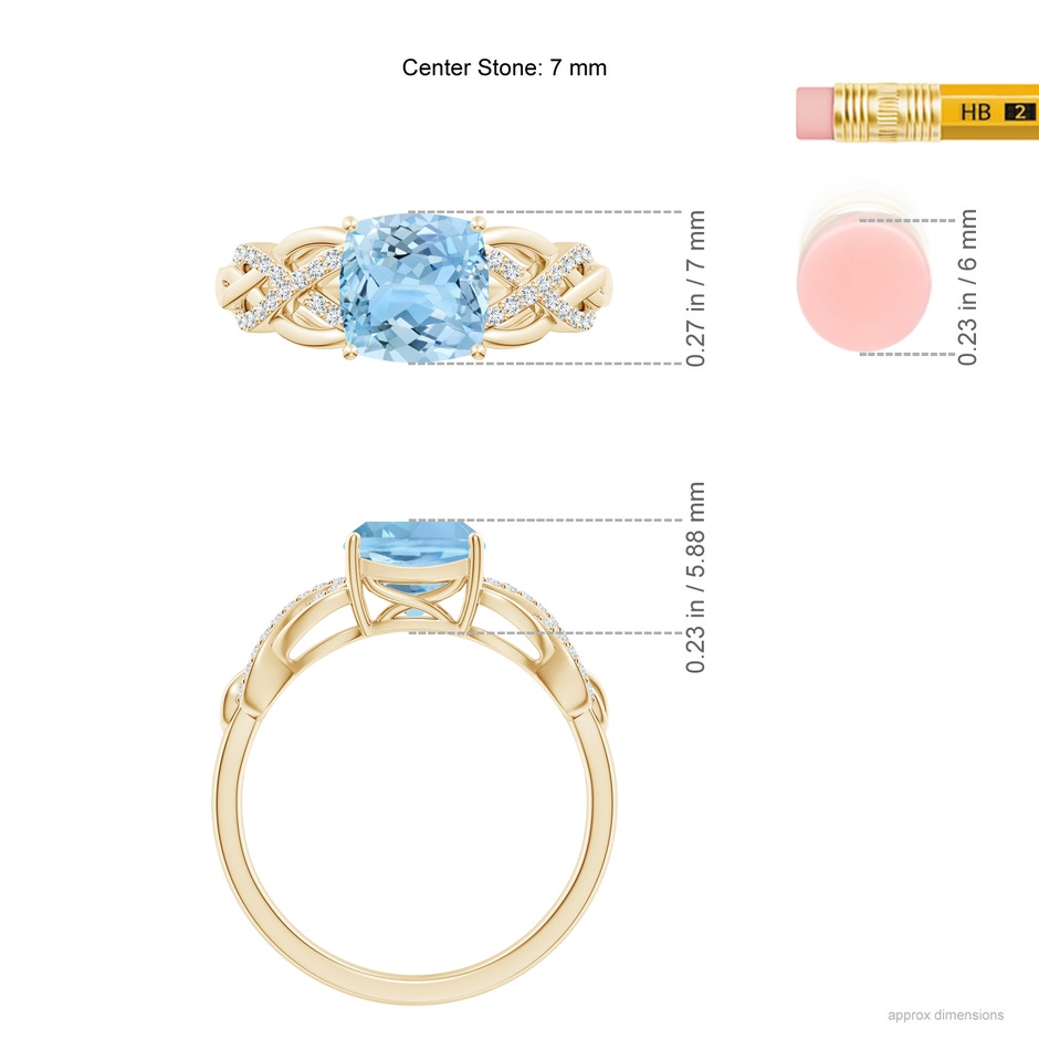 7mm AAAA Criss Cross Shank Cushion Aquamarine Engagement Ring in Yellow Gold ruler