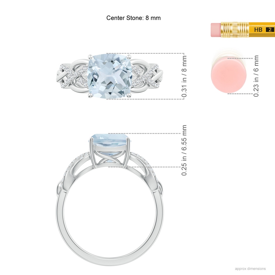 8mm A Criss Cross Shank Cushion Aquamarine Engagement Ring in White Gold ruler