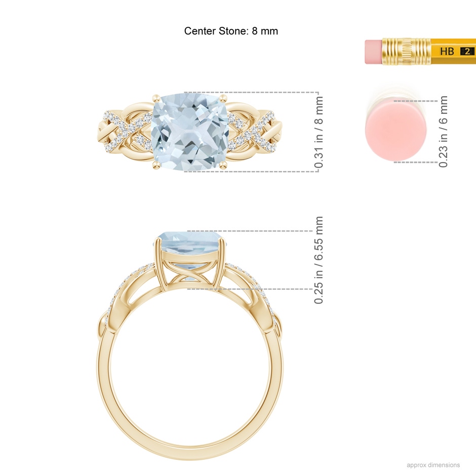 8mm A Criss Cross Shank Cushion Aquamarine Engagement Ring in Yellow Gold ruler