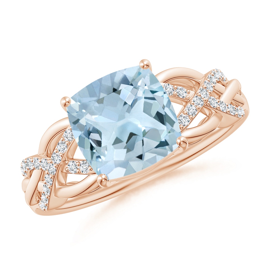 8mm AA Criss Cross Shank Cushion Aquamarine Engagement Ring in Rose Gold 