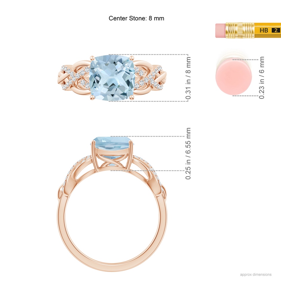8mm AA Criss Cross Shank Cushion Aquamarine Engagement Ring in Rose Gold ruler