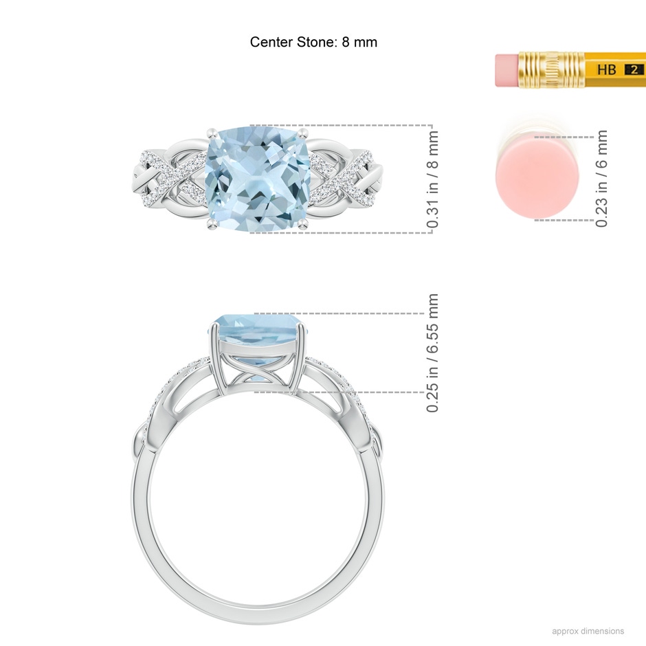 8mm AA Criss Cross Shank Cushion Aquamarine Engagement Ring in White Gold ruler