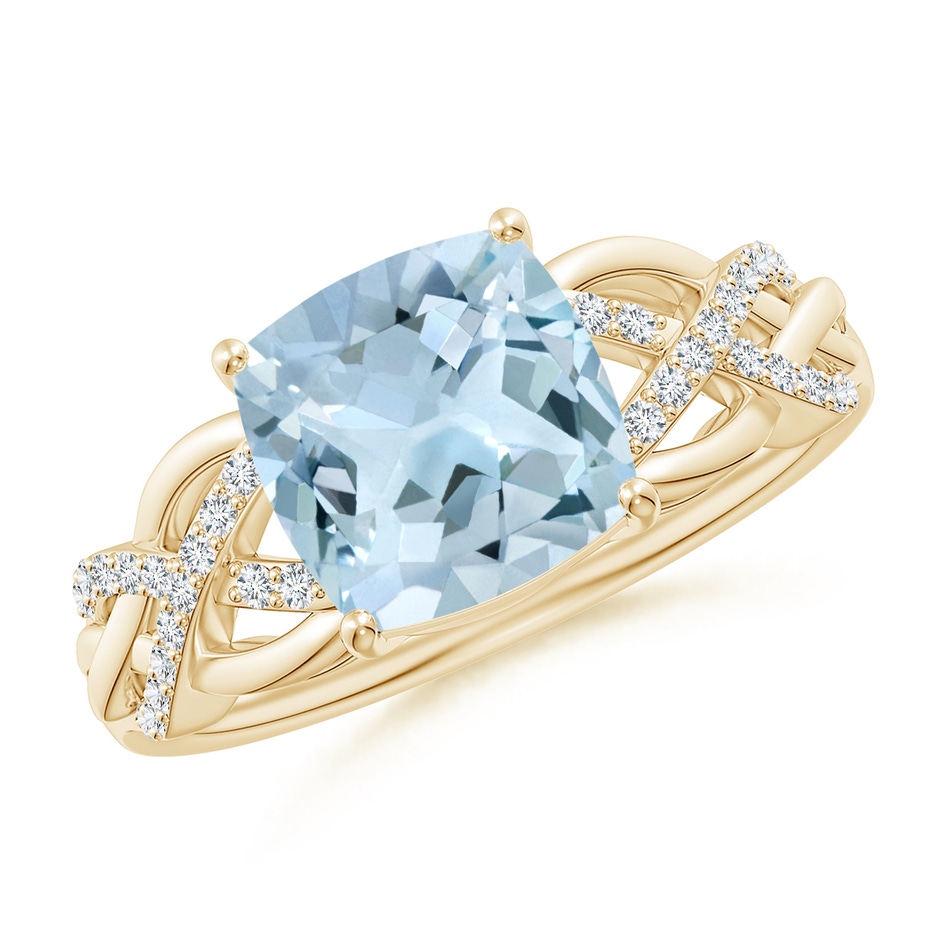 8mm AA Criss Cross Shank Cushion Aquamarine Engagement Ring in Yellow Gold 