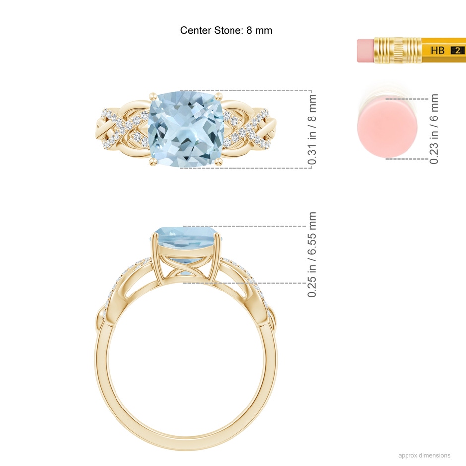 8mm AA Criss Cross Shank Cushion Aquamarine Engagement Ring in Yellow Gold ruler