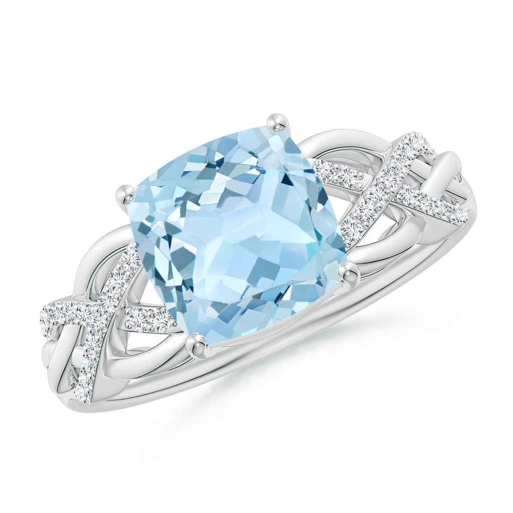 8mm AAA Criss Cross Shank Cushion Aquamarine Engagement Ring in White Gold