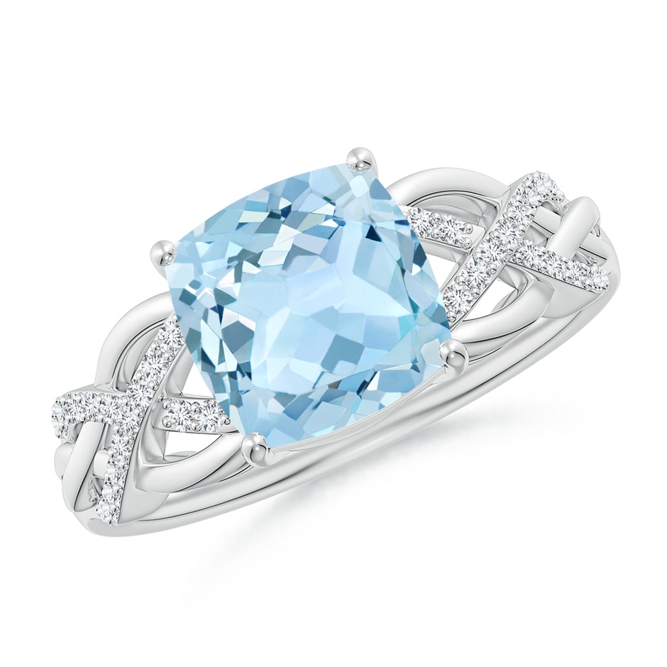 8mm AAA Criss Cross Shank Cushion Aquamarine Engagement Ring in White Gold 