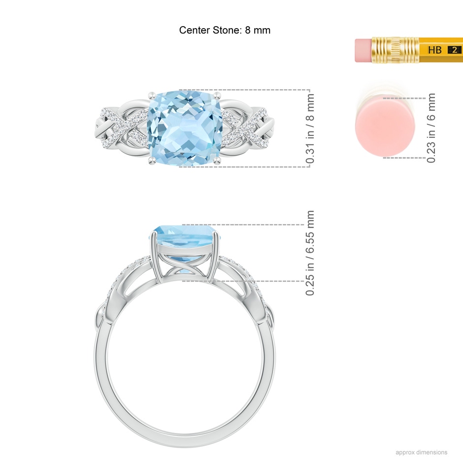 8mm AAA Criss Cross Shank Cushion Aquamarine Engagement Ring in White Gold ruler