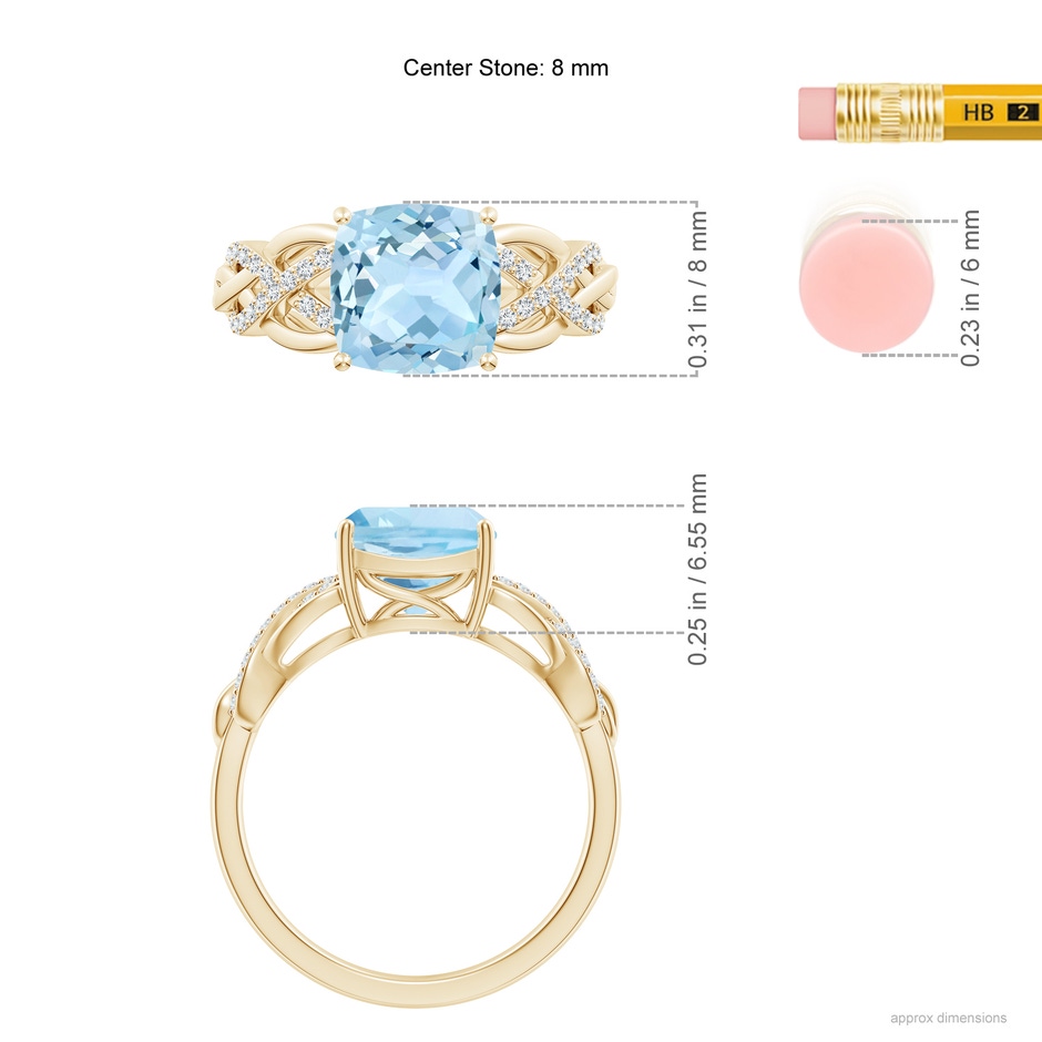 8mm AAA Criss Cross Shank Cushion Aquamarine Engagement Ring in Yellow Gold ruler